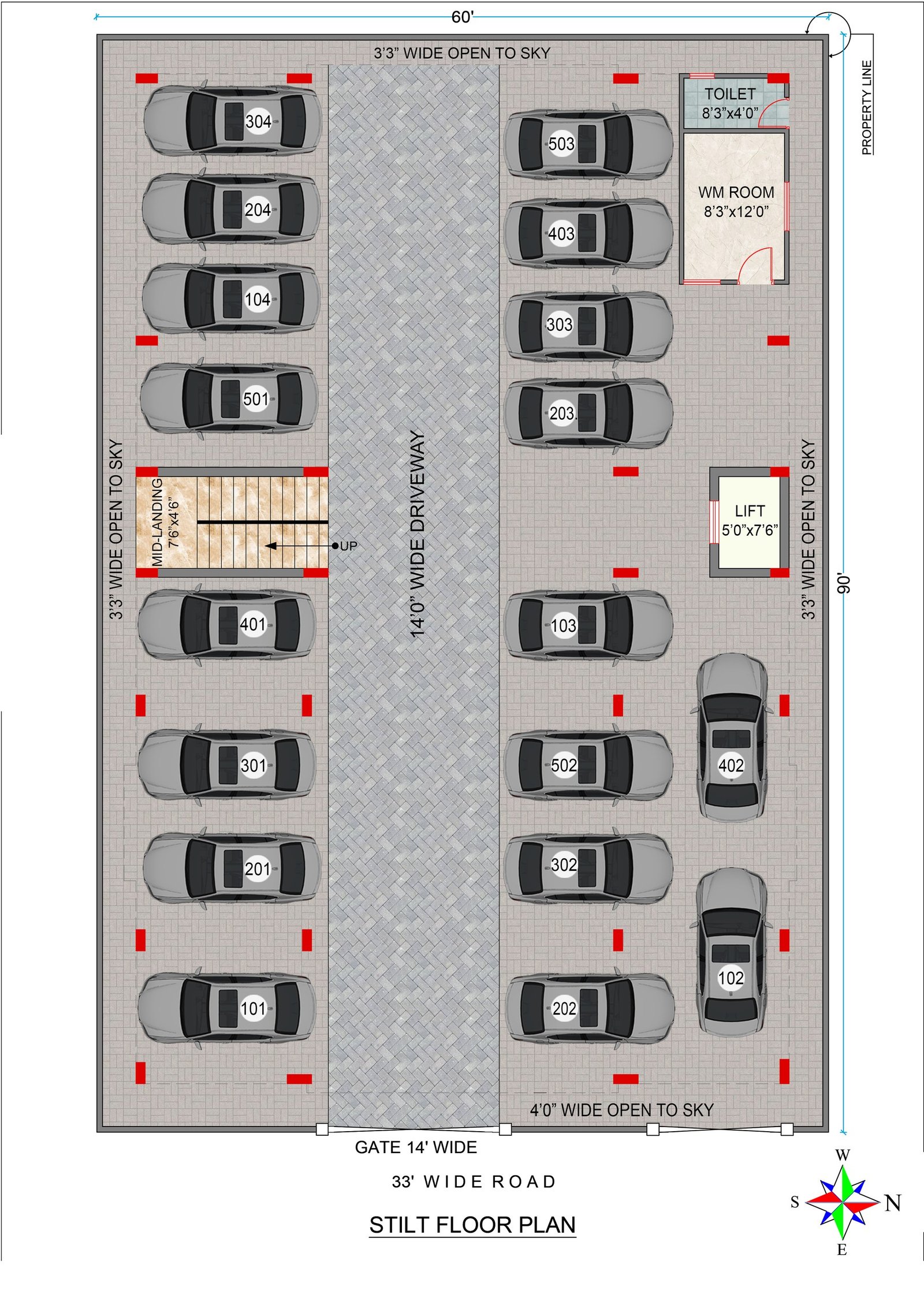 Stilt floor parking plan, 20 car bays and driveway