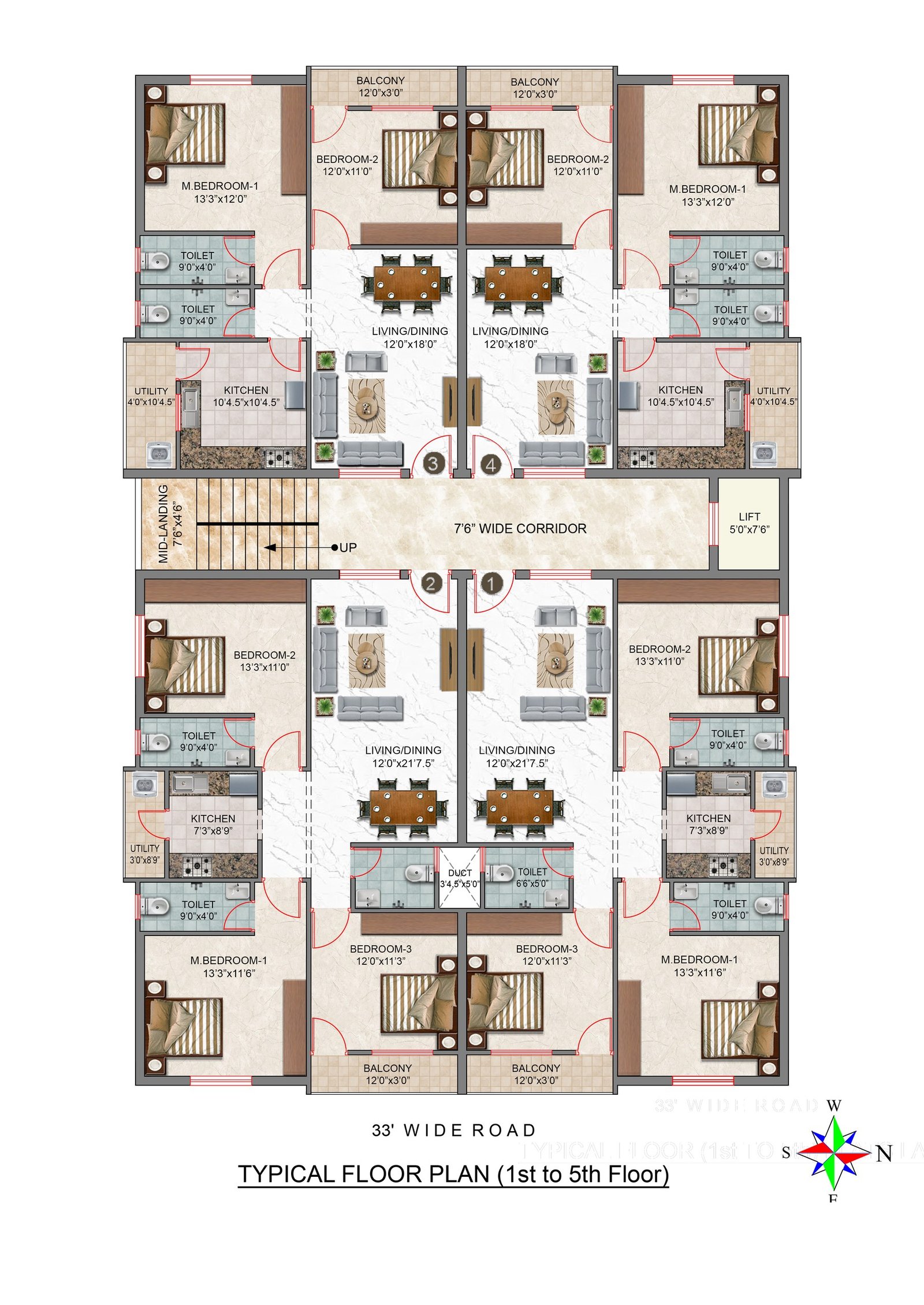 Typical floor plan, 1st to 5th floor, four flats per floor